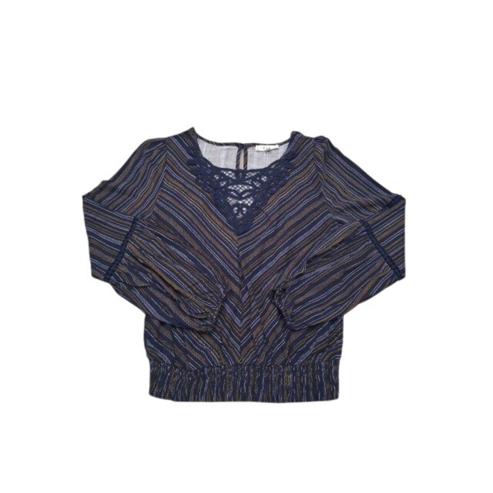 E&M Navy Blue Striped Crochet Lace V-Neck Smocked Blouse Top Womens Medium New